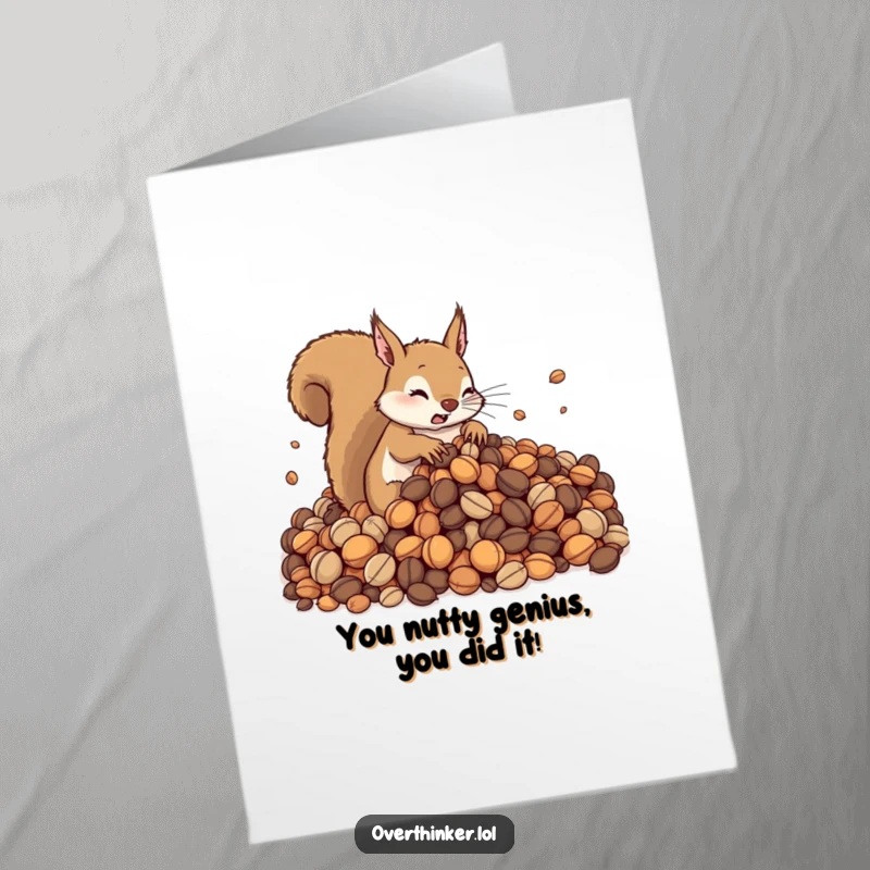 Funny free printable congratulations card: A frantic squirrel surrounded by an avalanche of nuts, looking stressed but accomplished.