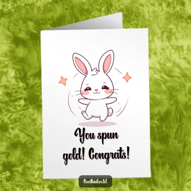 Funny free printable congratulations card: A kawaii rabbit in a dizzying spin, looking confused. A downloadable gift to celebrate any achievement with humor.
