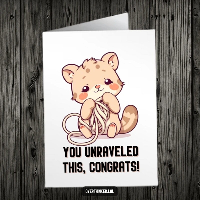 Funny Free Printable Congratulations Card: An animal comically stuck in yarn, symbolizing overcoming challenges, a great downloadable gift.