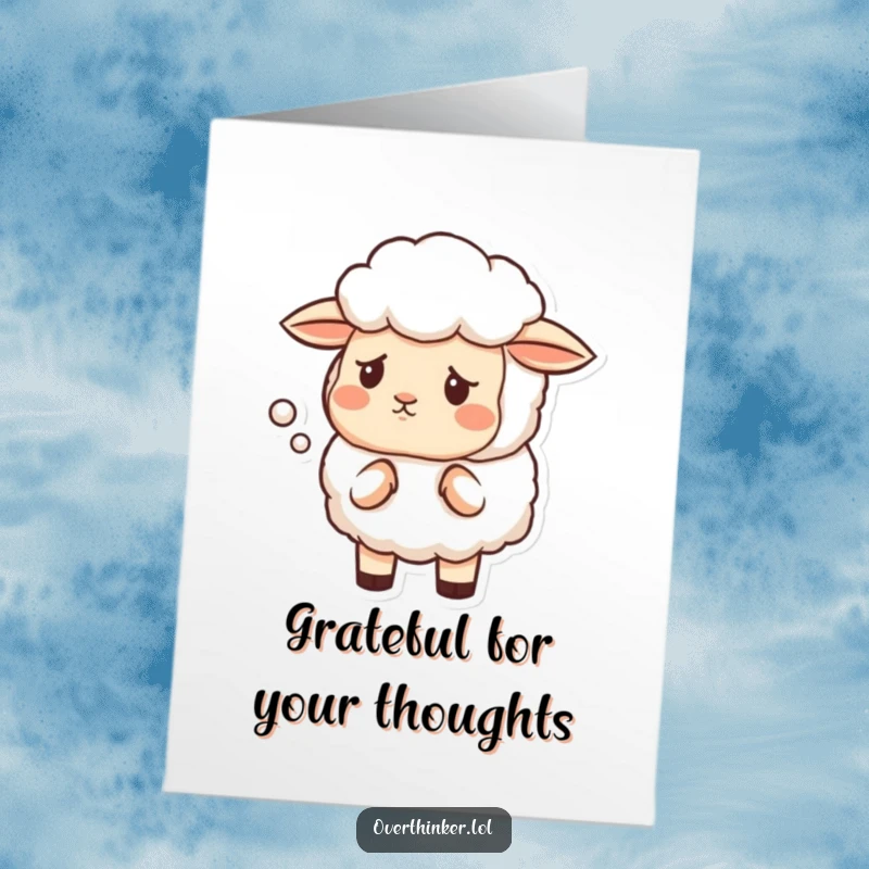 Funny Free Printable Thank You Card: a sheep pondering a cloud, ideal for humorous expressions of thanks.