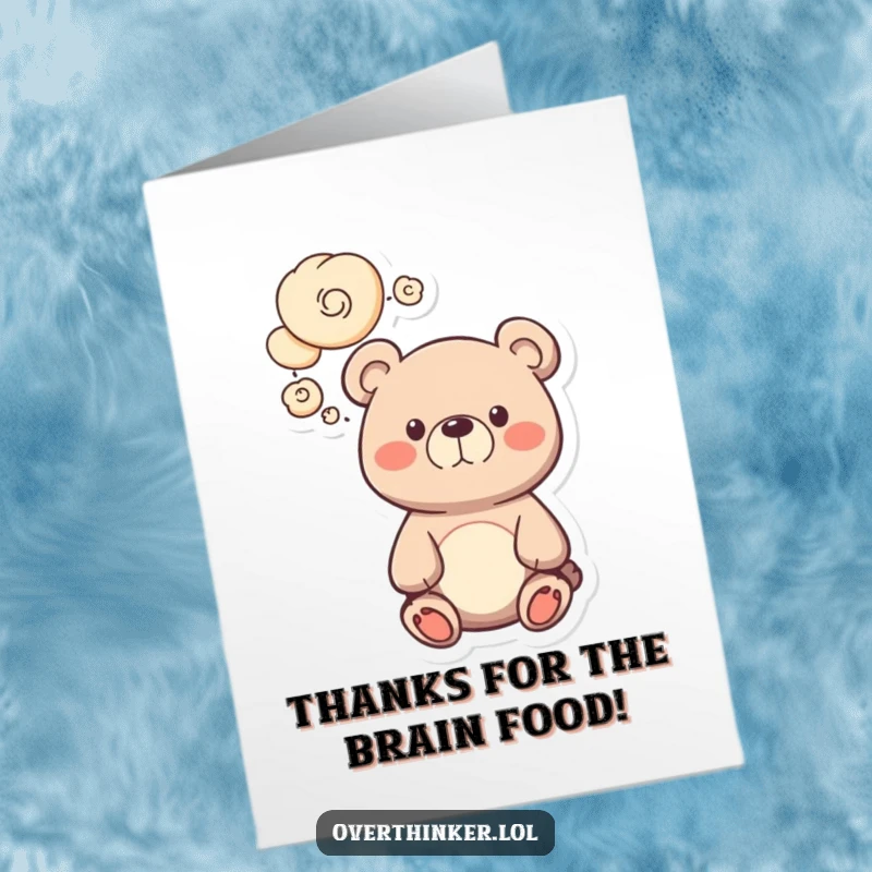 Funny Free Printable Bear Thank You Card with swirling thought bubbles, showing a cute character expressing thanks.