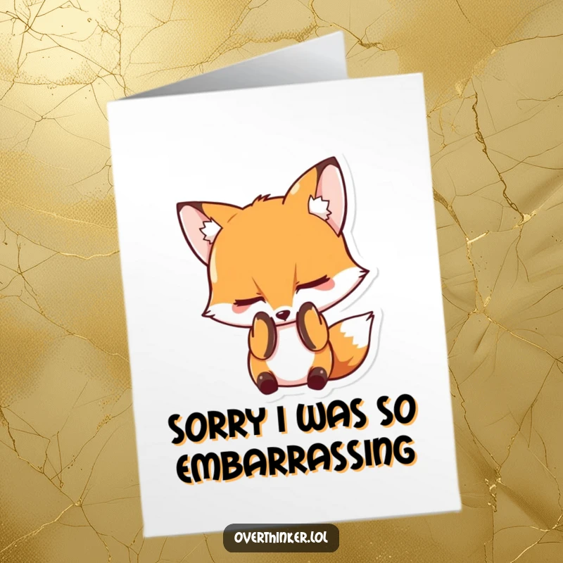 Funny Free Printable Thank You Card featuring a fox character hiding its face in embarrassment, conveying thanks with adorable shyness.
