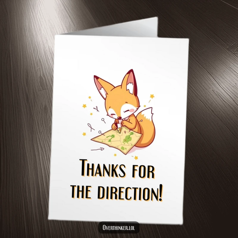 Funny Free Printable Fox Thank You Card, a character drawing many confusing paths on a tiny map, expressing thanks.