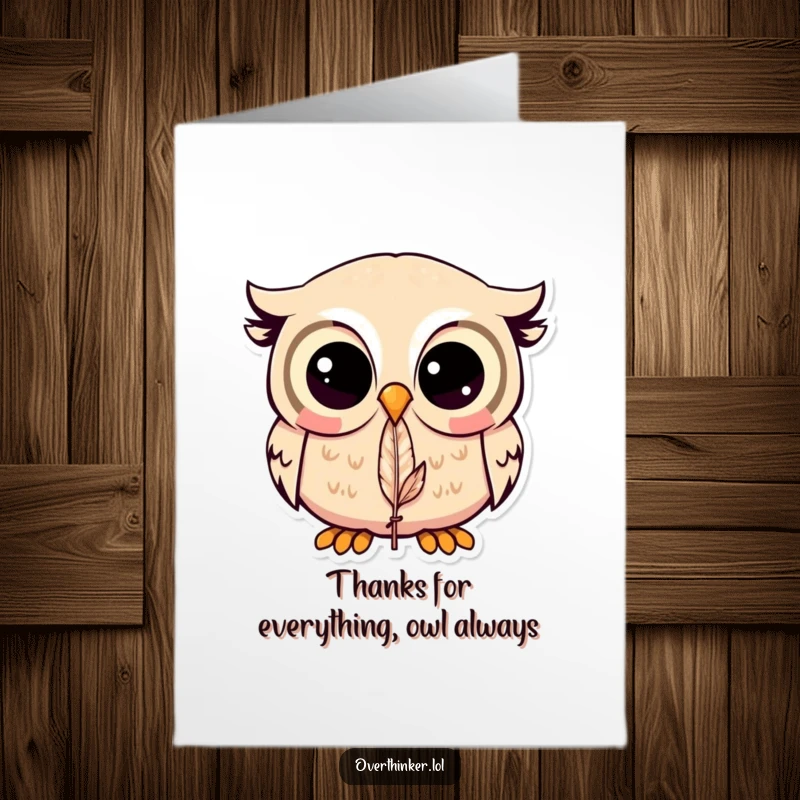 Funny free printable thank you card: Kawaii owl with enormous eyes, captivated by a single feather, a perfect downloadable gift for expressing gratitude.