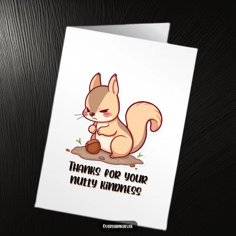Funny free printable thank you card: Kawaii squirrel burying a nut, glancing around nervously. A downloadable gift for a humorous thank you.