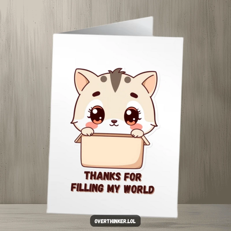 Funny Free Printable Thank You Card: Kawaii animal pondering an empty box, a quirky way to express gratitude for opportunities.