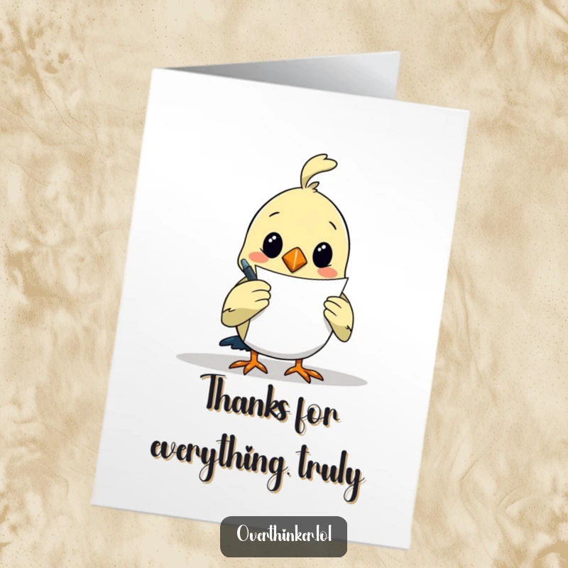 Funny free printable thank you card of a bird artist staring at a blank page, pen in hand, ready to express thanks.