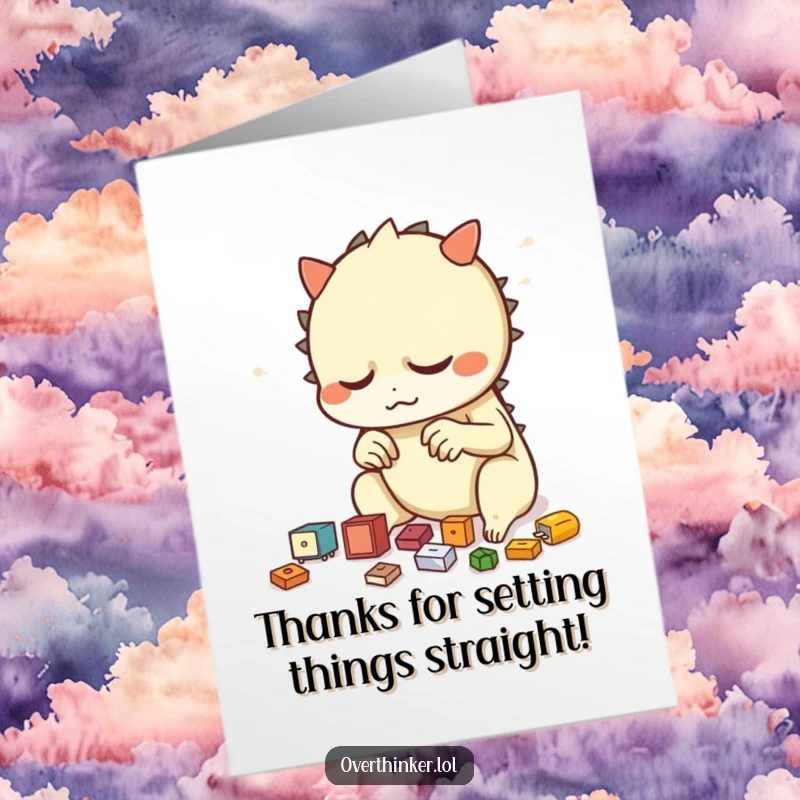 Funny Free Printable Thank You Card: Creature nervously tidying small objects, a humorous thank you.