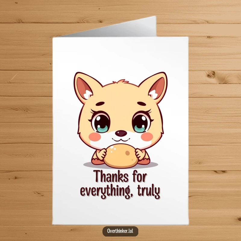 Funny Free Printable Thank You Card: An animal with wide, amazed eyes stares at a representation of gratitude, a downloadable thank you.