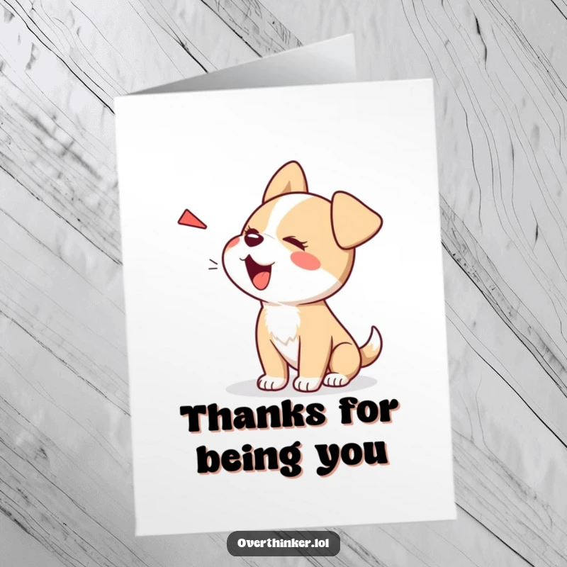Funny Free Printable Thank You Card: Kawaii dog barking at its own shadow with a look of playful fear, downloadable art.