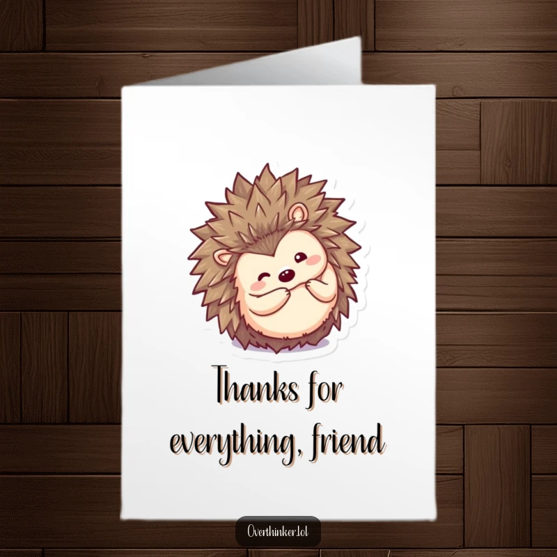 Funny Free Printable Thank You Card: Kawaii hedgehog peeking inquisitively from its curled ball, showing a shy smile, downloadable art.