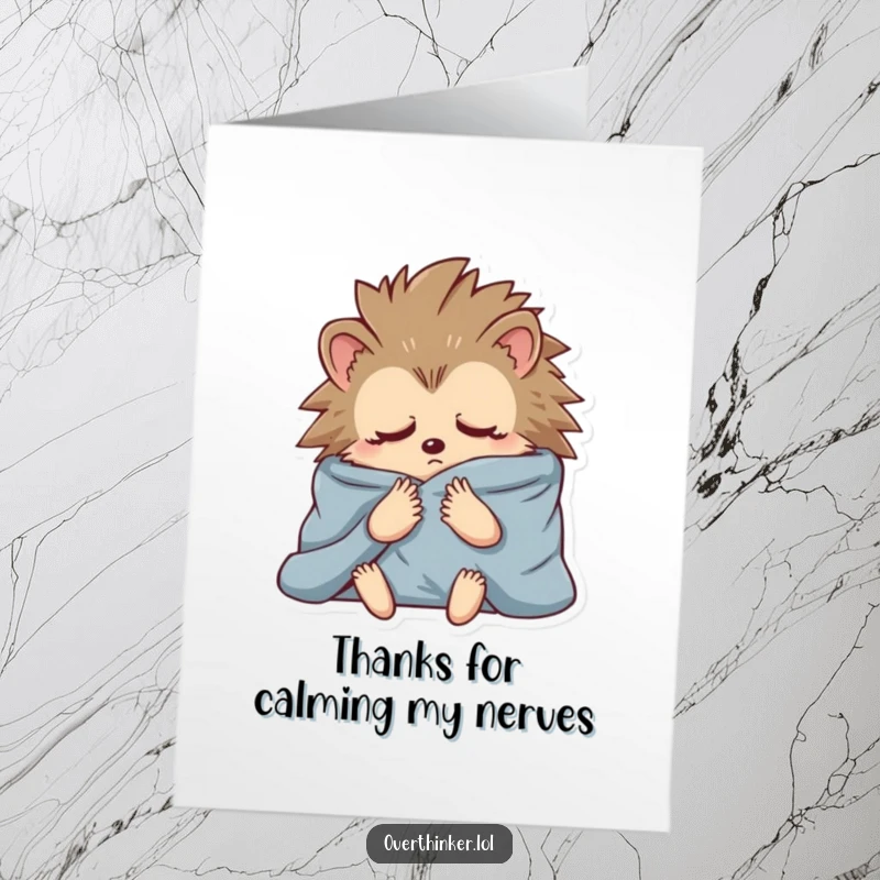 Funny Free Printable Thank You Card: anxious hedgehog pondering deeply, ideal for humorous gratitude messages.