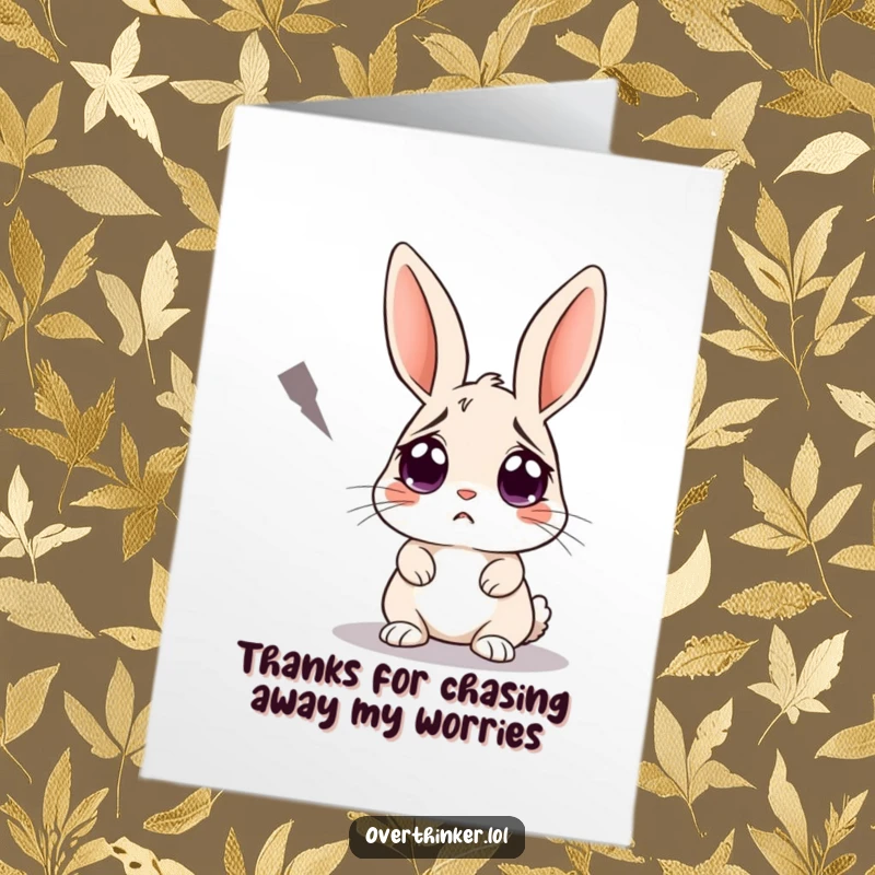 Funny free printable thank you card: A rabbit with comically large, worried eyes stares suspensefully at a single approaching shadow.
