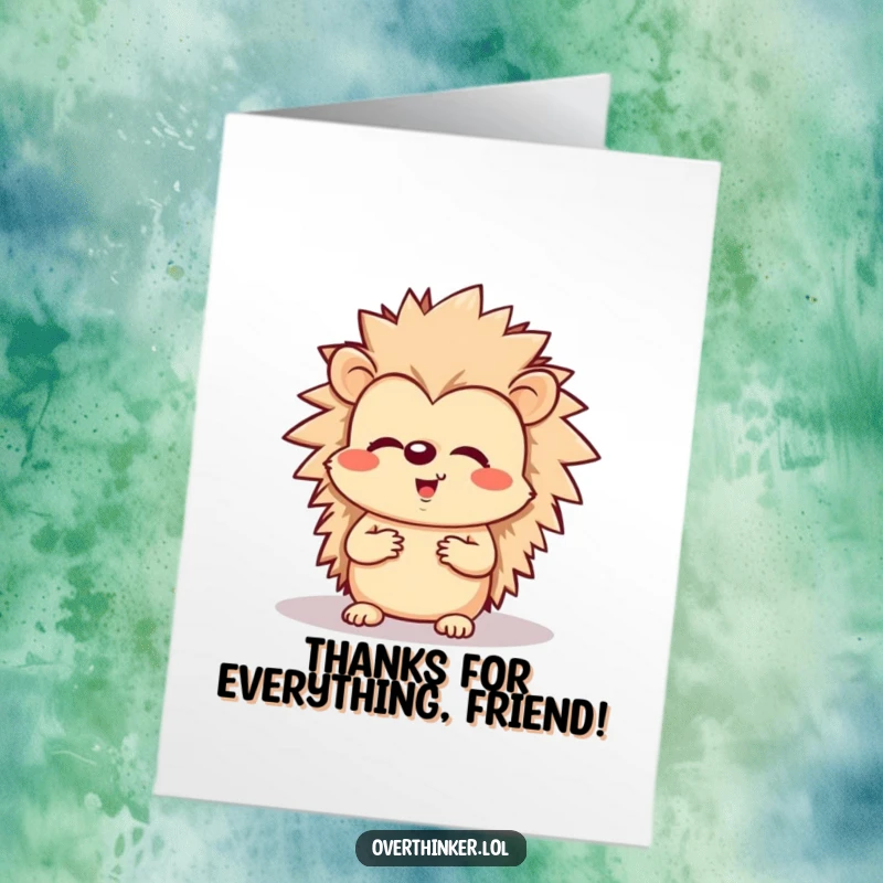 Funny free printable thank you card: A cheerful hedgehog is anxious about its shadow, humorously conveying mild apprehension.