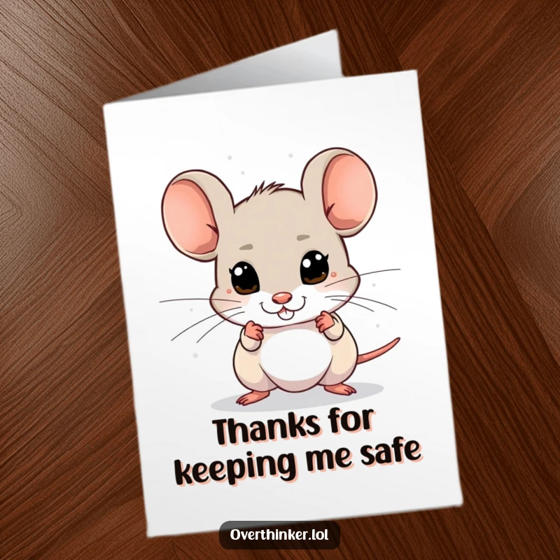Funny Free Printable Thank You Card: a little mouse cautiously checking surroundings, perfect for quirky thanks.