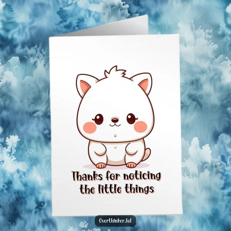 Funny Free Printable Thank You Card: Kawaii animal intently focused on a tiny speck, a quirky way to say thanks.