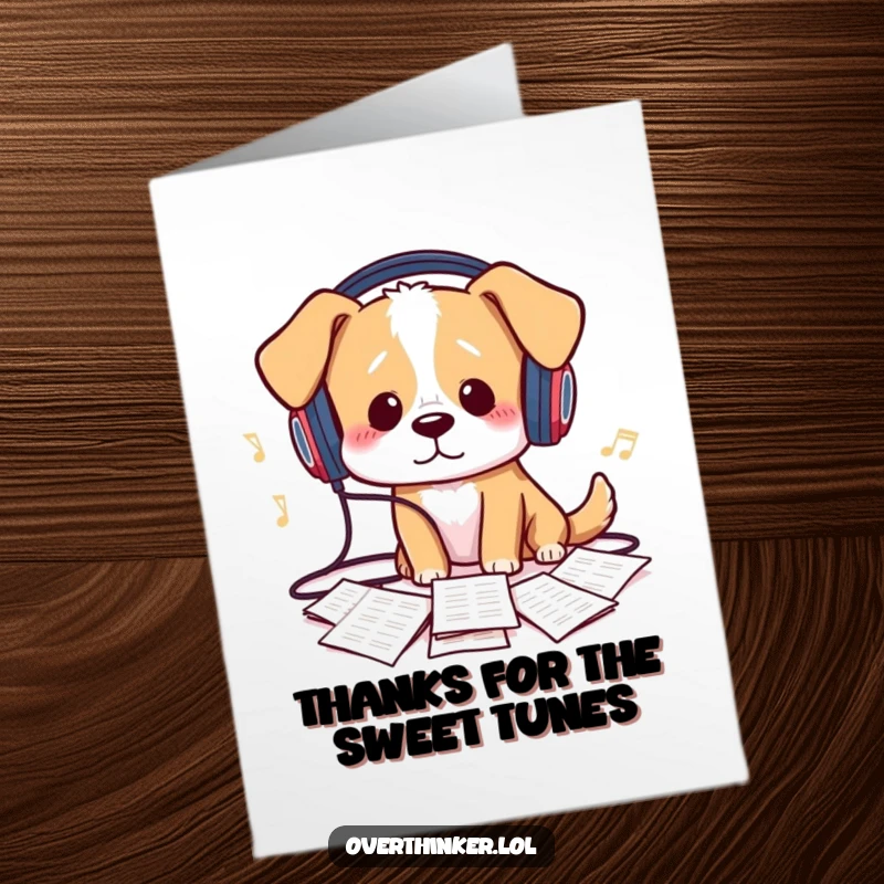 Funny Free Printable Thank You Card: A dog with tangled headphones looking at chaotic sheet music represents a heartfelt, if slightly messy, thank you.