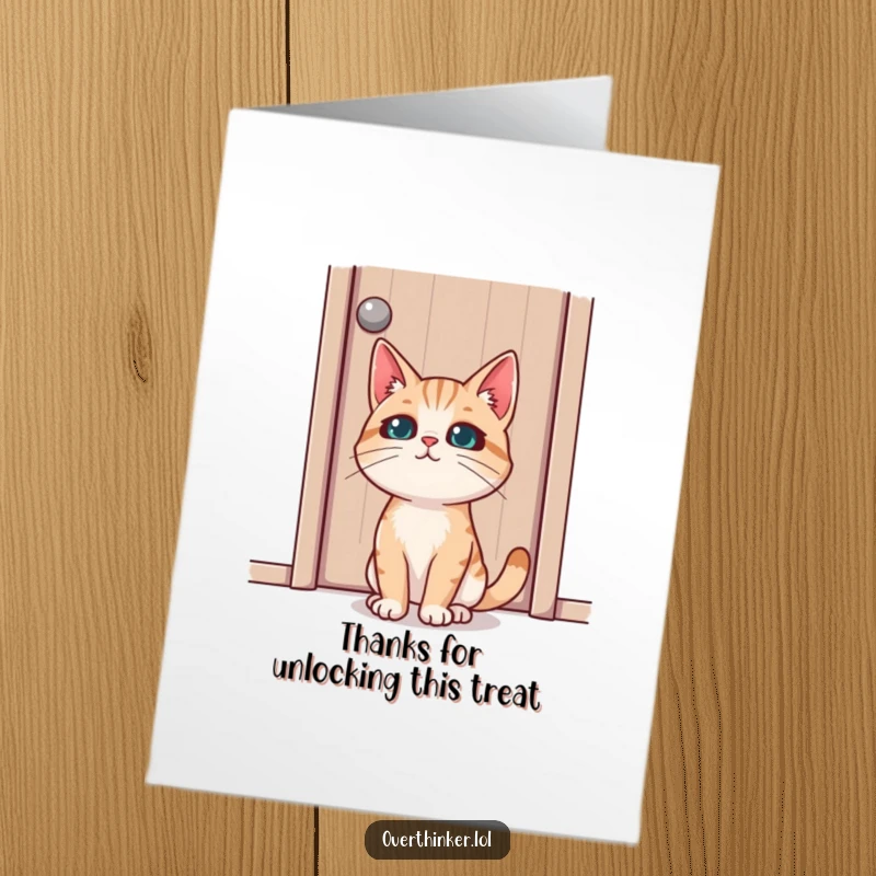 Funny free printable thank you card: a cat character stares intently at a closed door, symbolizing gratitude and anticipation.