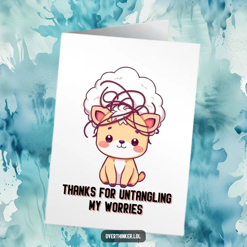 Funny Free Printable Thank You Card: Kawaii animal with a tangled thought cloud, expressing gratitude in a quirky way.