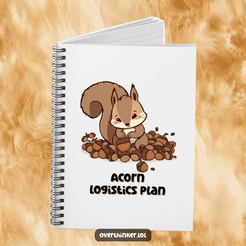Funny Squirrel Notebook with a frantic squirrel burying acorns, great for journaling.