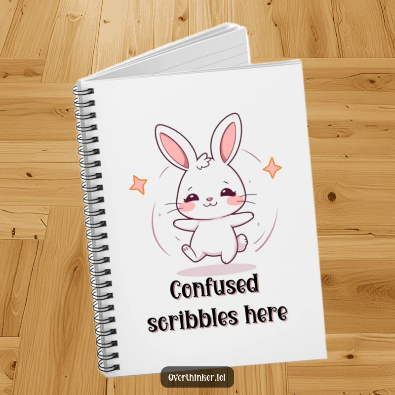 Funny Kawaii rabbit notebook with a cute rabbit spinning in confusion, perfect for writing down thoughts with humor.
