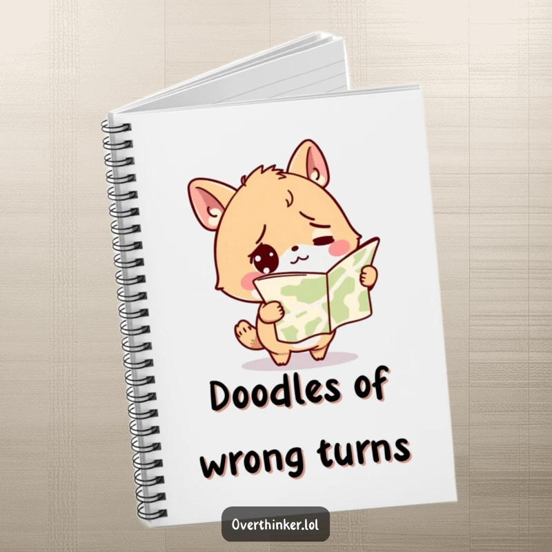 Funny notebook with a cute, confused animal character holding an upside-down map, perfect for jotting down thoughts and plans.
