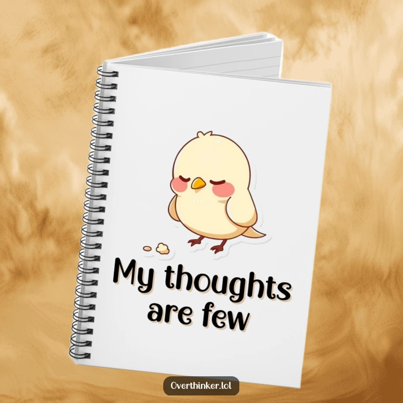 Funny notebook cover design with a bird character nervously pecking at a single crumb, representing focus and the dissection of details.