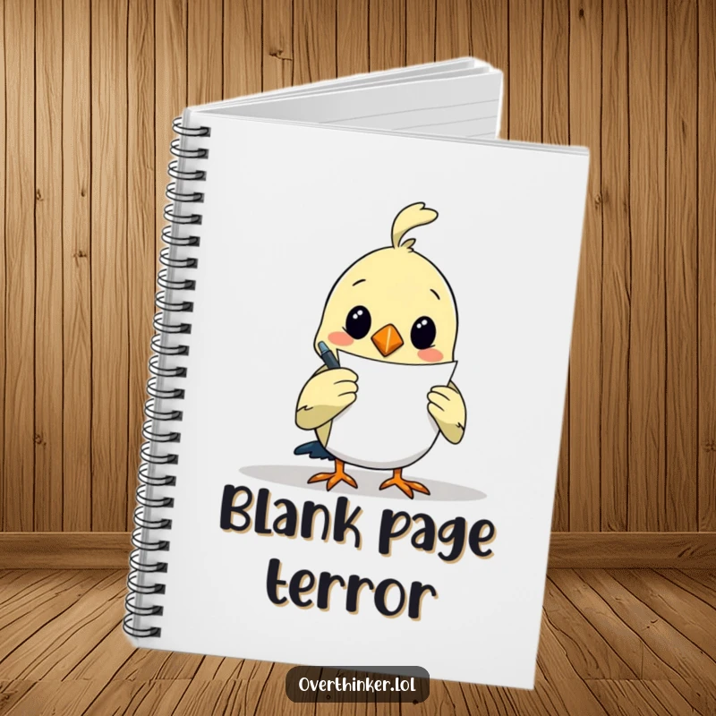 Funny notebook cover showcasing an overthinking bird holding a pen, intensely focused on a blank paper, ready to write.