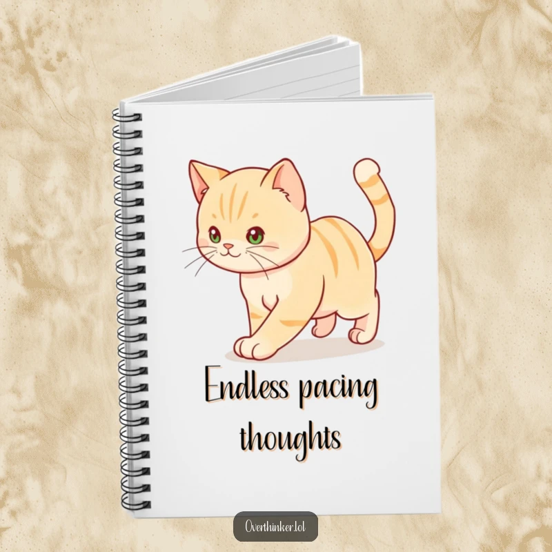 Funny notebook cover: a cat pacing anxiously with a twitching tail, ideal for jotting notes.