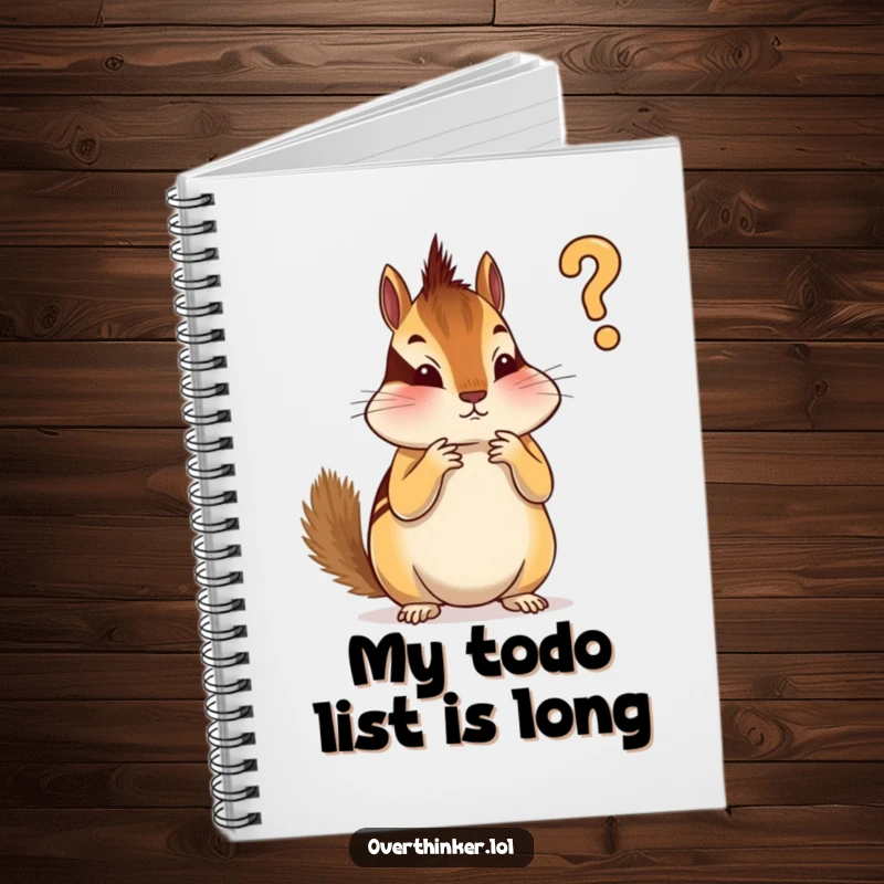 Funny notebook cover showcasing an overthinking chipmunk trying to decide which stripe to paint first, symbolizing structured thought.