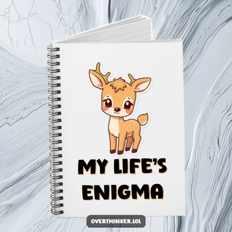 Funny notebook with a deer character looking bewildered as it spies its own tail, inspiring thoughtful writing and doodling.