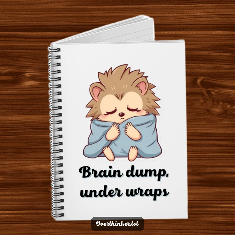 Funny notebook cover with a hedgehog wrapped in blankets, embodying anxious contemplation, perfect for notes.