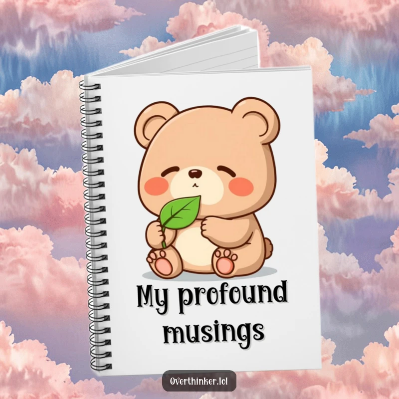 Funny Kawaii bear notebook, a cute character contemplating a leaf, perfect for journaling deep thoughts with humorous charm.