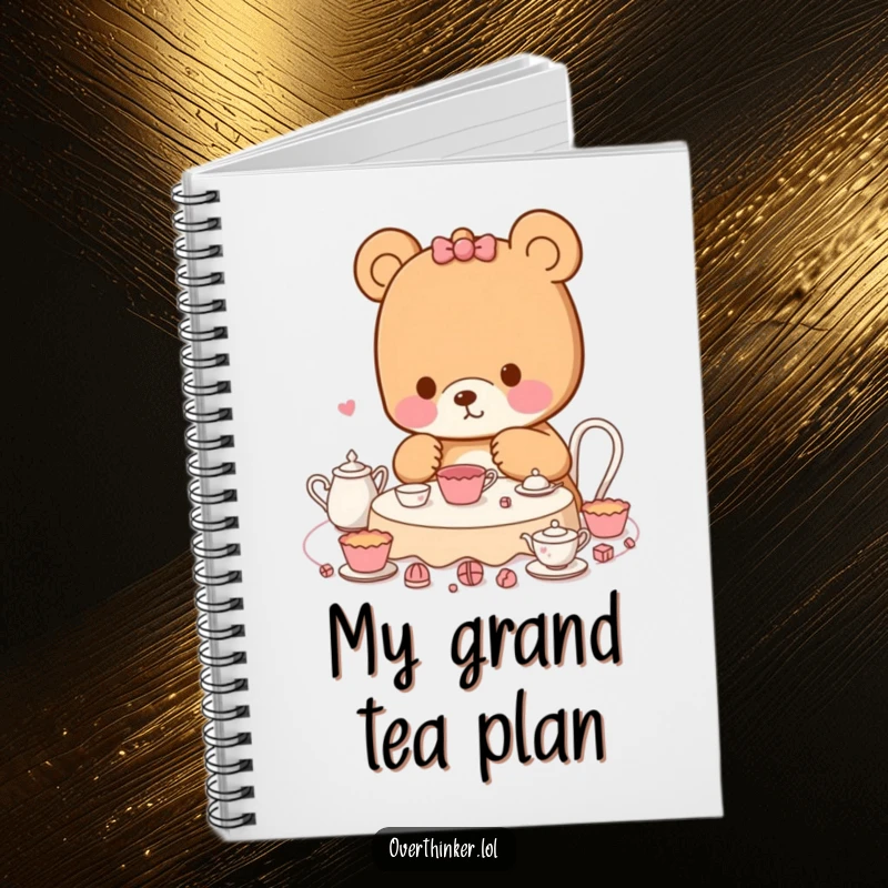 Funny Kawaii bear notebook with a meticulous character planning a tea party, ideal for jotting down ideas with a humorous and organized theme.
