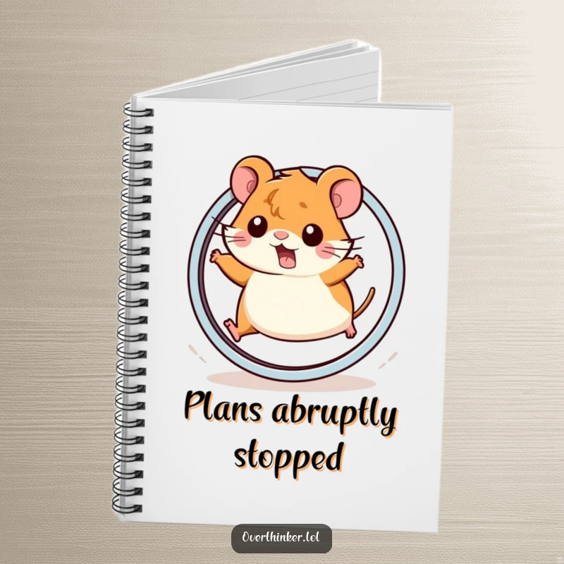 Funny Kawaii hamster notebook with a cute hamster abruptly stopping on a wheel, perfect for writing with humor.