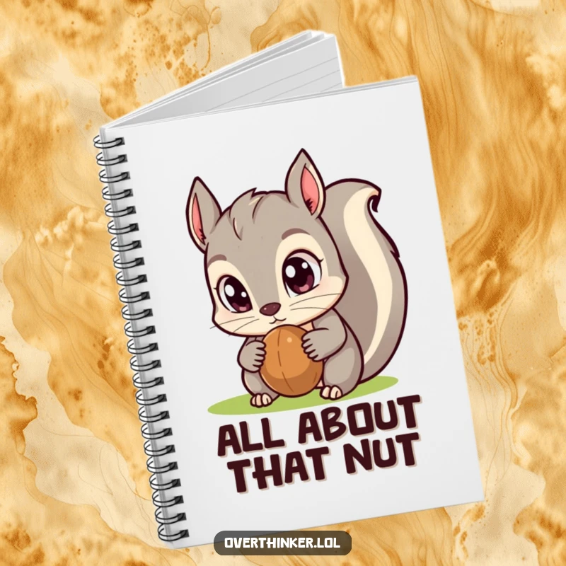 Funny Kawaii squirrel notebook with wide, expressive eyes concentrating on a nut, ideal for jotting down ideas with a touch of humor.