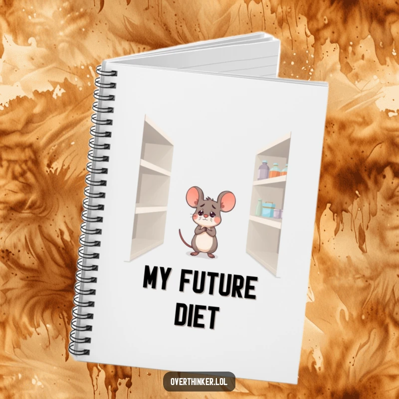 Funny notebook with a worried mouse and an empty pantry, ideal for jotting down recipes and snack ideas humorously.