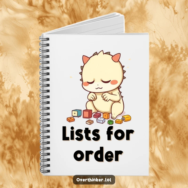 Funny notebook cover art of a creature humorously rearranging small objects, inspiring organized note-taking and creative thoughts.