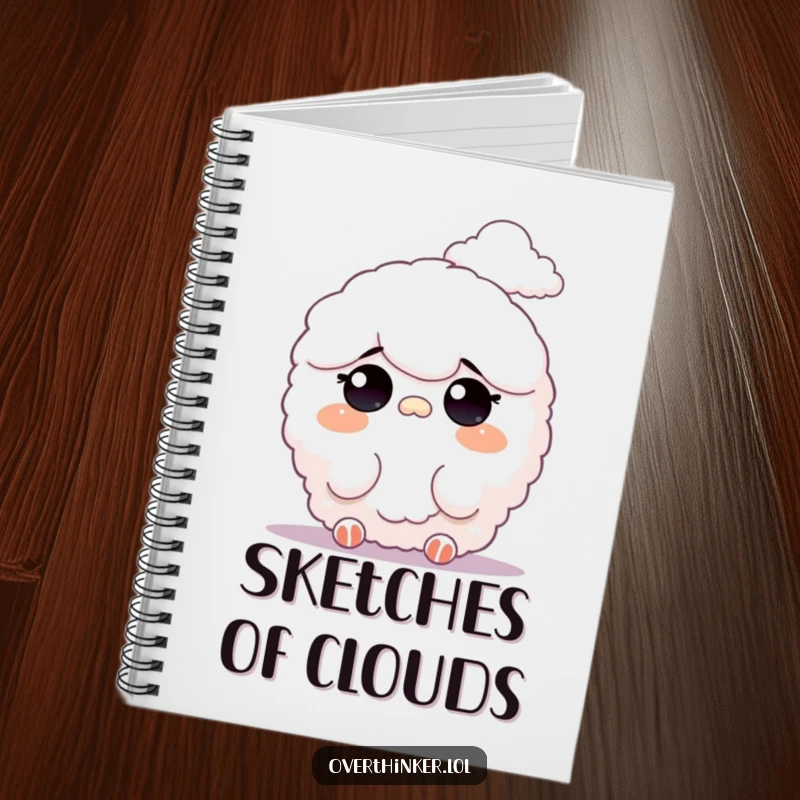 Funny notebook cover art of a fluffy character humorously squinting at a distant cloud, inspiring contemplation and creative writing.