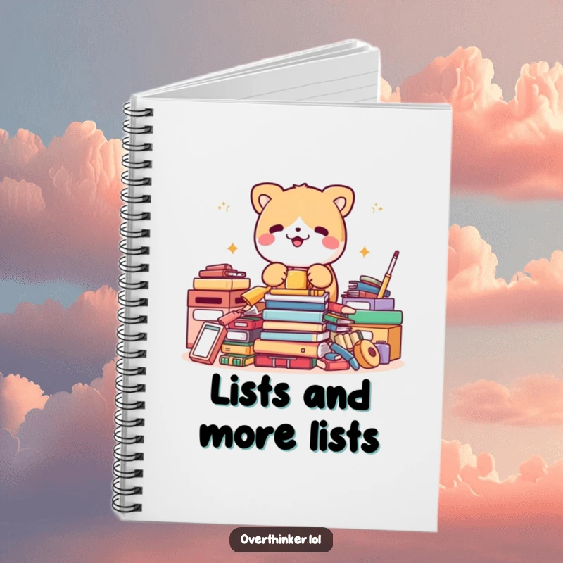 Funny notebook cover with a cute animal character frantically tidying a pile of items that are already perfectly neat, for notes.