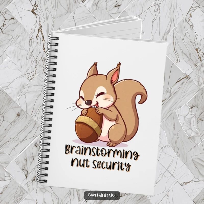 Funny notebook cover: a squirrel looking overwhelmed by a giant acorn, perfect for jotting down funny thoughts.