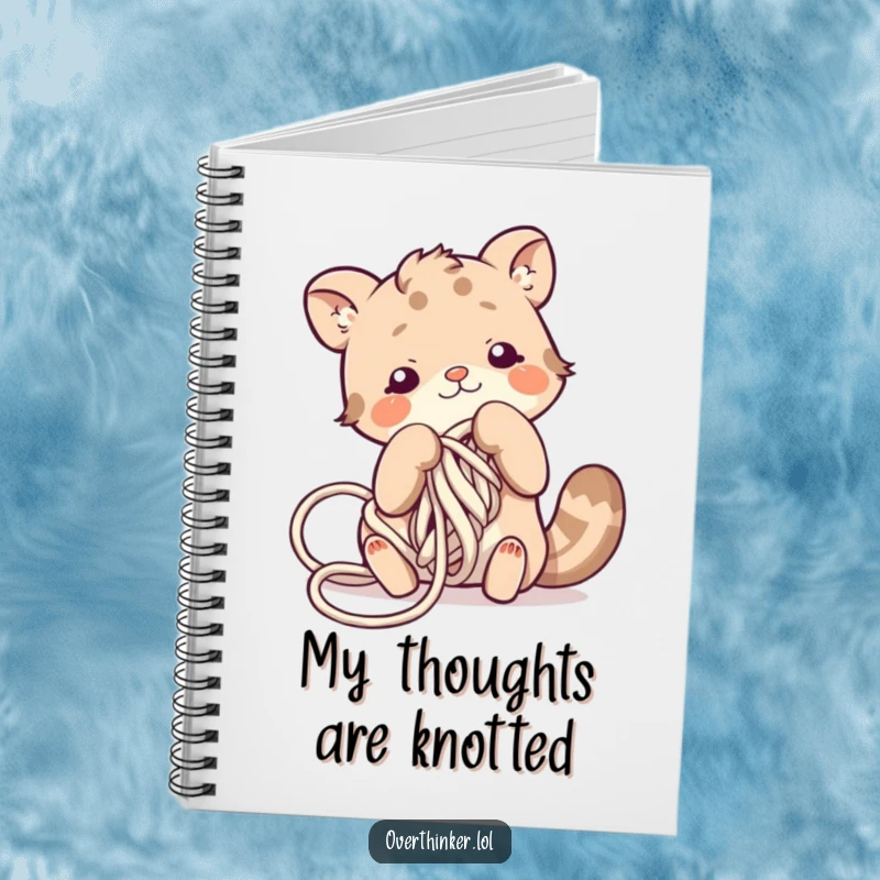 Funny notebook with a cute animal character looking flustered while tangled in a ball of yarn, ideal for creative notes.