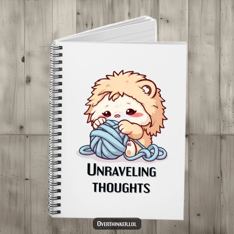 Funny notebook with a fluffy creature playing with a ball of yarn, ideal for jotting down creative ideas.