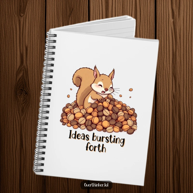 Funny notebook with a cute squirrel looking overwhelmed by its pile of nuts. Perfect for notes, journaling, and organizing your thoughts.