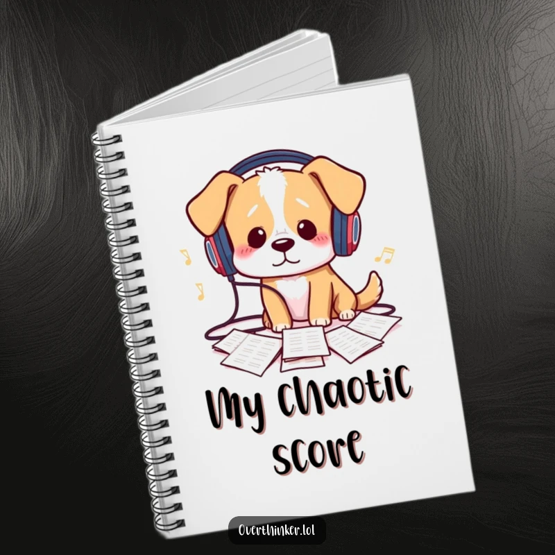 Funny Notebook: A dog confused by sheet music and tangled headphones humorously represents musical composition and note-taking.
