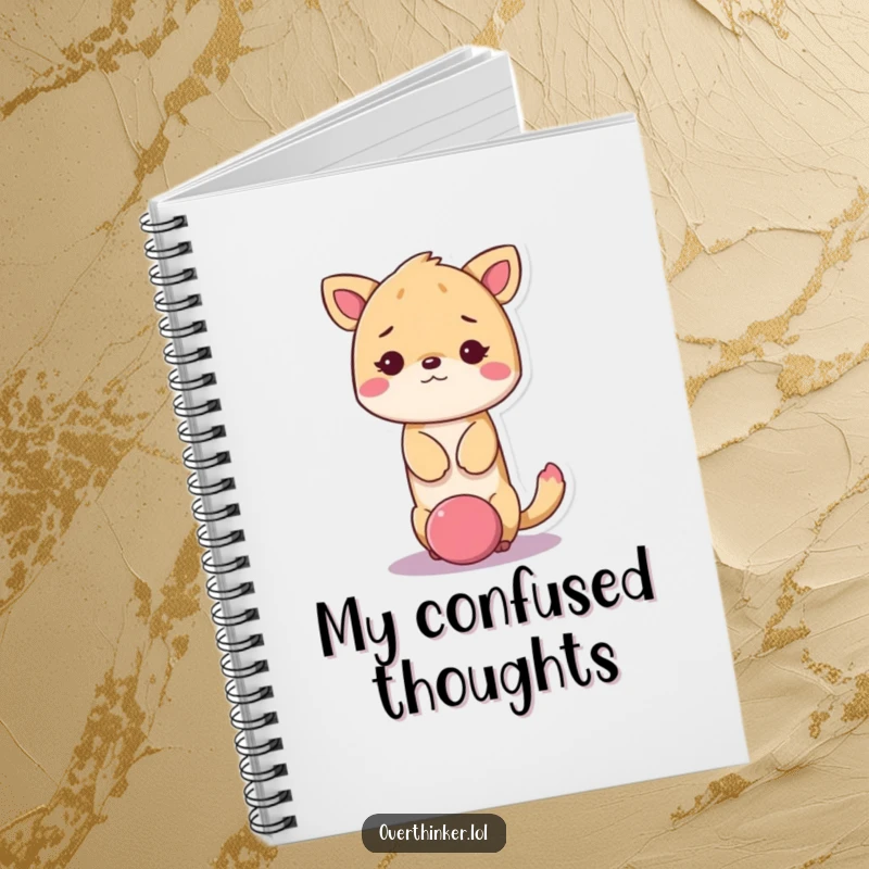 Funny kawaii animal notebook showing a cute animal with its head stuck in a giant question mark, looking dazed.