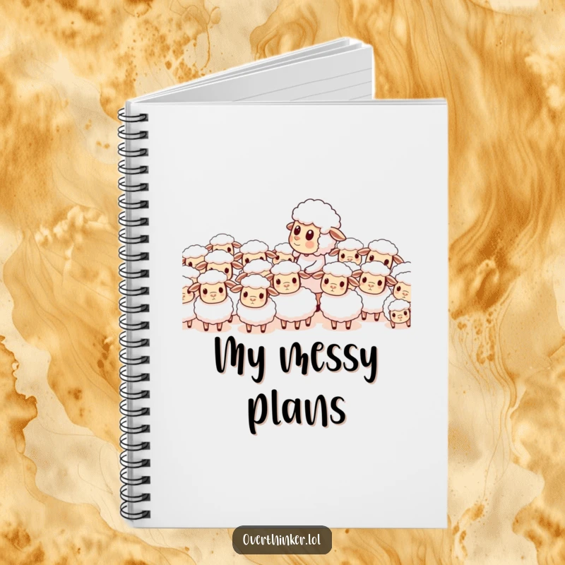 Funny notebook cover design with a sheep character trying to count a herd of confused sheep, representing chaos and management attempts.