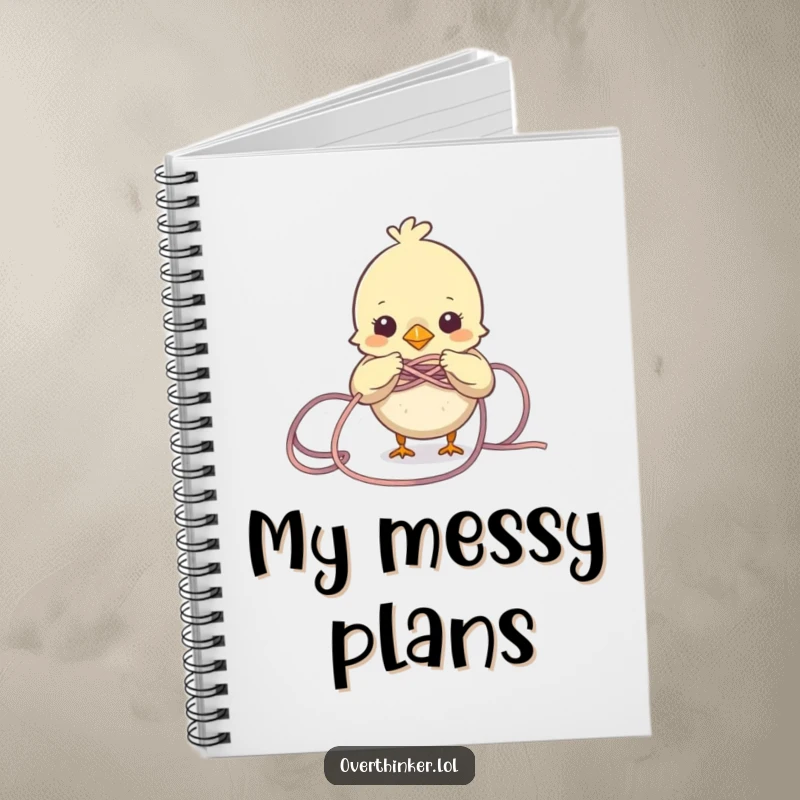 Funny Bird Notebook with a cover featuring a small bird character trying to untangle a knot of yarn. Great for notes.