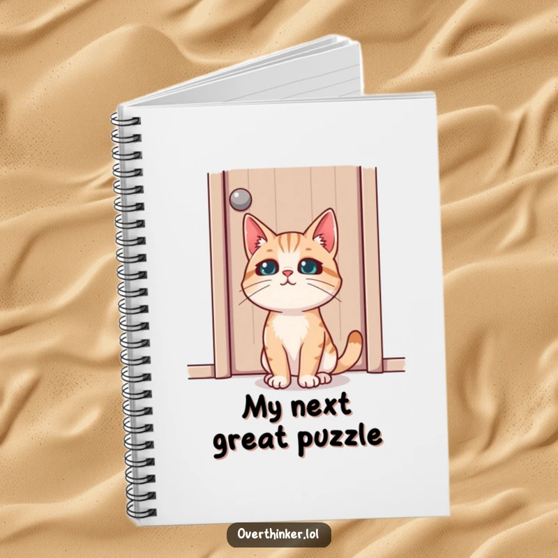 Funny notebook cover with a cat intensely staring at a closed door, designed for documenting mysterious thoughts and observations.