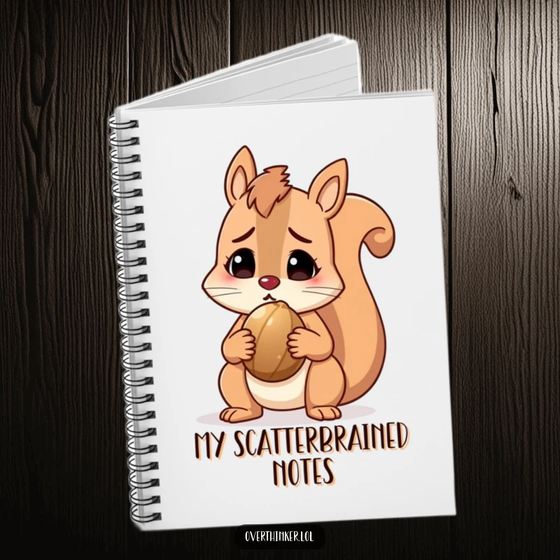Funny squirrel notebook with a perplexed character holding a nut, perfect for humorously capturing thoughts. Ideal gift.